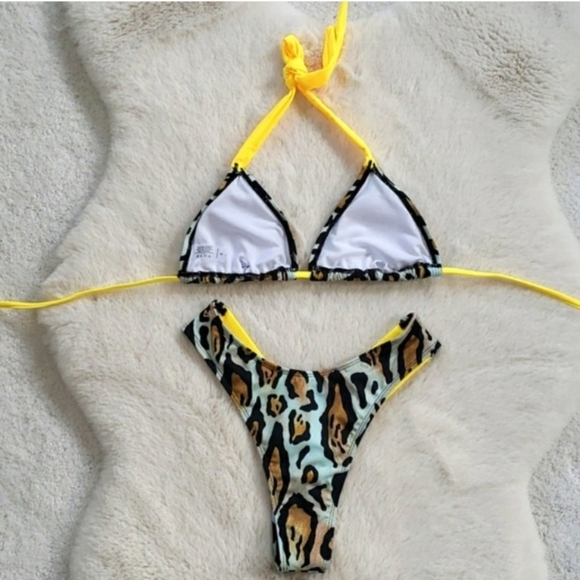 New Yellow Leopard Slide Triangle Brazilian Bottom Bikini Set Swimsuit Size S - Picture 6 of 6